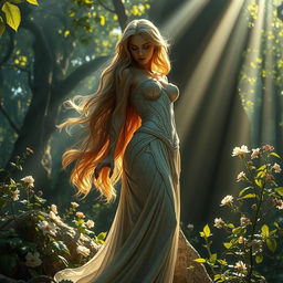 A mythical scene depicting a beautiful woman turned to stone, standing majestically in an ancient, overgrown forest