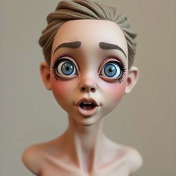 A beautiful homunculus female sculpture with large eyes and mouth, featuring a captivating and charming face