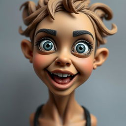 A beautiful homunculus female sculpture with large eyes and mouth, featuring a captivating and charming face