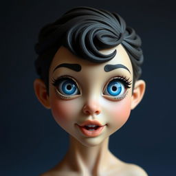 A beautiful homunculus female sculpture with large eyes and mouth, featuring a captivating and charming face