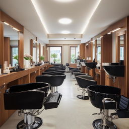 An elegant saloon interior featuring distinct areas for hair cutting, hair washing, manicure and pedicure, facial treatments, and a makeup area. Capturing a stylish and modern design.