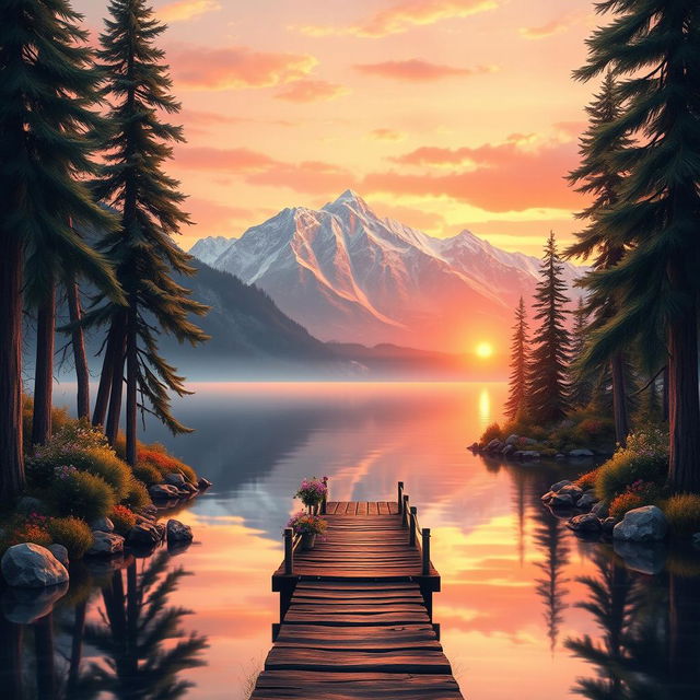 A detailed and artistic representation of a serene landscape during sunrise, featuring a calm lake reflecting the soft orange and pink hues of the sky