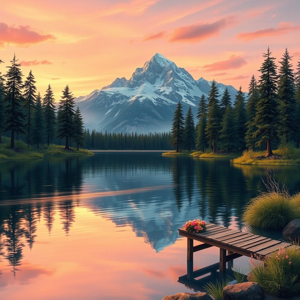 A detailed and artistic representation of a serene landscape during sunrise, featuring a calm lake reflecting the soft orange and pink hues of the sky