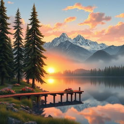 A detailed and artistic representation of a serene landscape during sunrise, featuring a calm lake reflecting the soft orange and pink hues of the sky