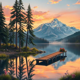 A detailed and artistic representation of a serene landscape during sunrise, featuring a calm lake reflecting the soft orange and pink hues of the sky