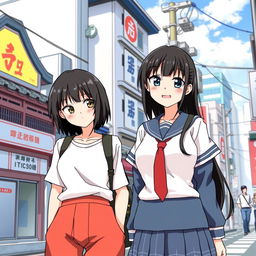 A scene featuring two Japanese women in a vibrant urban setting