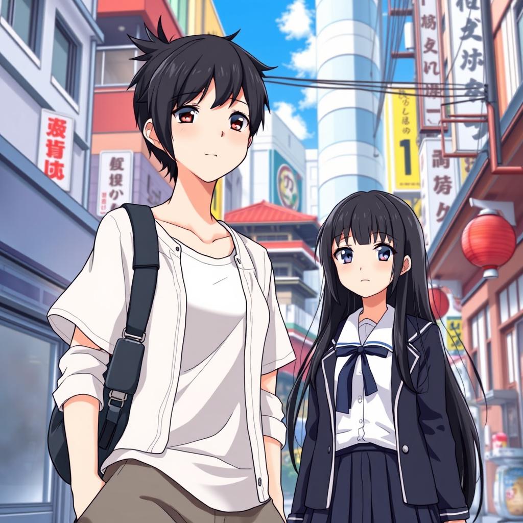 A scene featuring two Japanese women in a vibrant urban setting