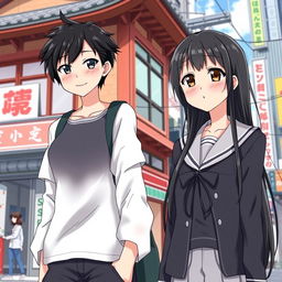 A scene featuring two Japanese women in a vibrant urban setting