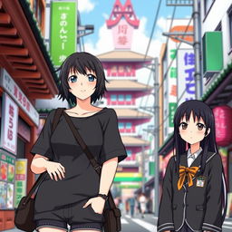 A scene featuring two Japanese women in a vibrant urban setting