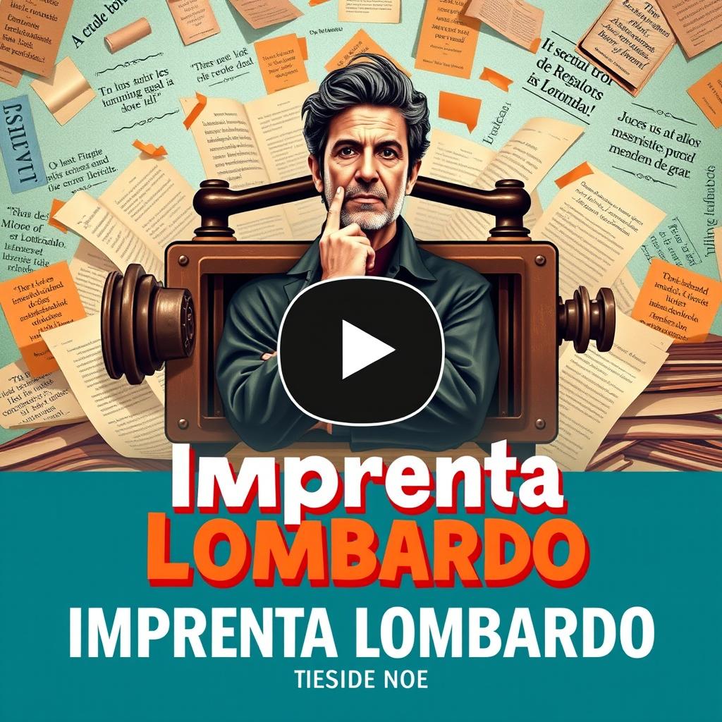 A vibrant and eye-catching YouTube thumbnail for a video about 'Imprenta Lombardo' by writer Jorge Lombardo