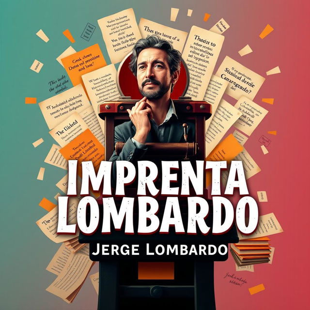 A vibrant and eye-catching YouTube thumbnail for a video about 'Imprenta Lombardo' by writer Jorge Lombardo