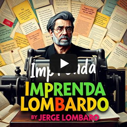 A vibrant and eye-catching YouTube thumbnail for a video about 'Imprenta Lombardo' by writer Jorge Lombardo