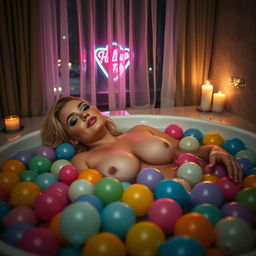 A beautiful 18-year-old girl with striking blond hair and a gorgeous, curvy figure featuring huge round perky breasts and a tight, thick body