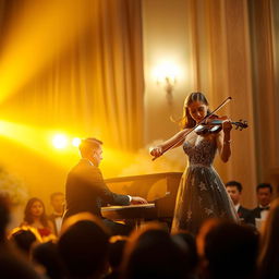 A beautifully captured duet performance on a grand stage, featuring two musicians passionately playing a piano and a violin