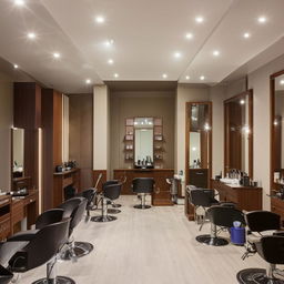 An elegant saloon interior featuring distinct areas for hair cutting, hair washing, manicure and pedicure, facial treatments, and a makeup area. Capturing a stylish and modern design.