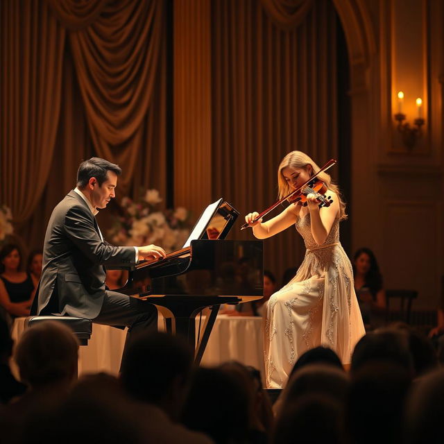 A beautifully captured duet performance on a grand stage, featuring two musicians passionately playing a piano and a violin