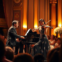 A beautifully captured duet performance on a grand stage, featuring two musicians passionately playing a piano and a violin
