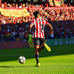 A dynamic action shot of a professional football player dribbling the ball on a vibrant green pitch