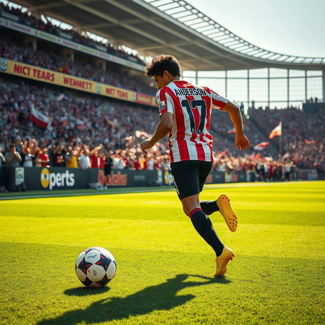 A dynamic action shot of a professional football player dribbling the ball on a vibrant green pitch