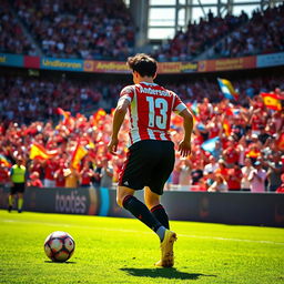 A dynamic action shot of a professional football player dribbling the ball on a vibrant green pitch