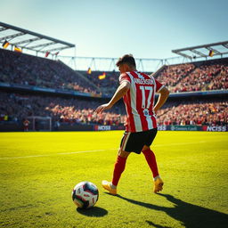 A dynamic action shot of a professional football player dribbling the ball on a vibrant green pitch