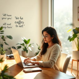 A serene and inspiring scene depicting a tranquil work environment, filled with natural light, plants, and a modern desk setup
