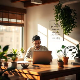 A serene and inspiring scene depicting a tranquil work environment, filled with natural light, plants, and a modern desk setup