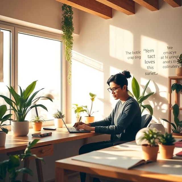 A serene and inspiring scene depicting a tranquil work environment, filled with natural light, plants, and a modern desk setup