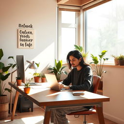 A serene and inspiring scene depicting a tranquil work environment, filled with natural light, plants, and a modern desk setup