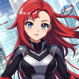 A female character inspired by anime styles, featuring long, flowing red hair and striking blue eyes