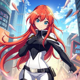 A female character inspired by anime styles, featuring long, flowing red hair and striking blue eyes