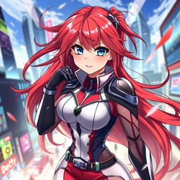 A female character inspired by anime styles, featuring long, flowing red hair and striking blue eyes