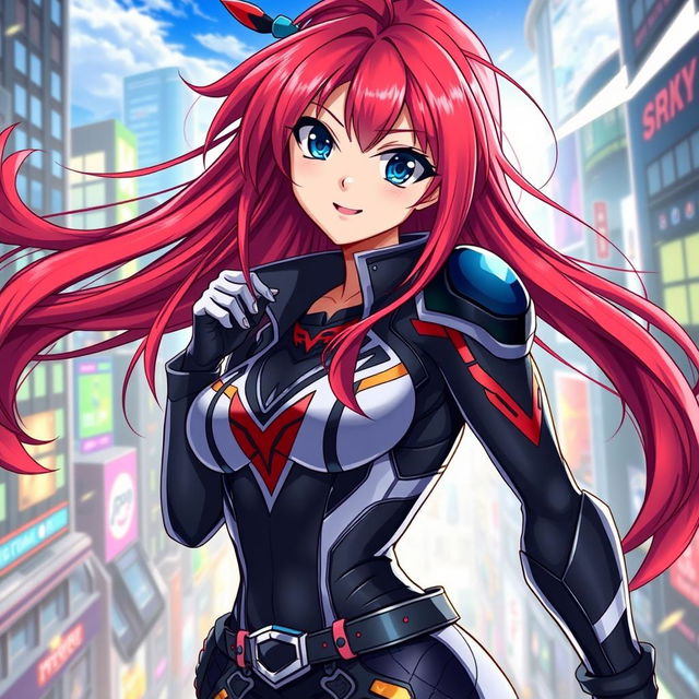 A female character inspired by anime styles, featuring long, flowing red hair and striking blue eyes