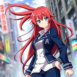 A female character inspired by anime, featuring long, flowing red hair and captivating blue eyes