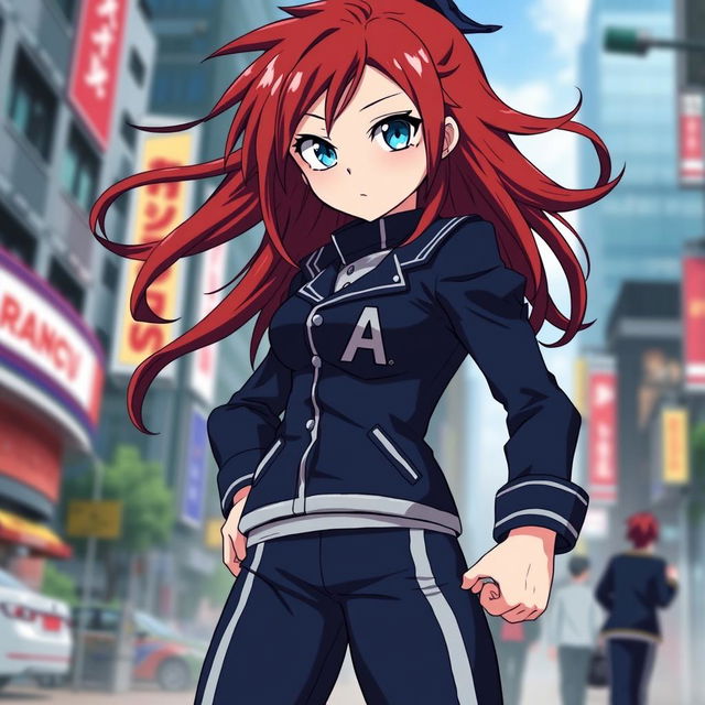 A female character inspired by anime, featuring long, flowing red hair and captivating blue eyes