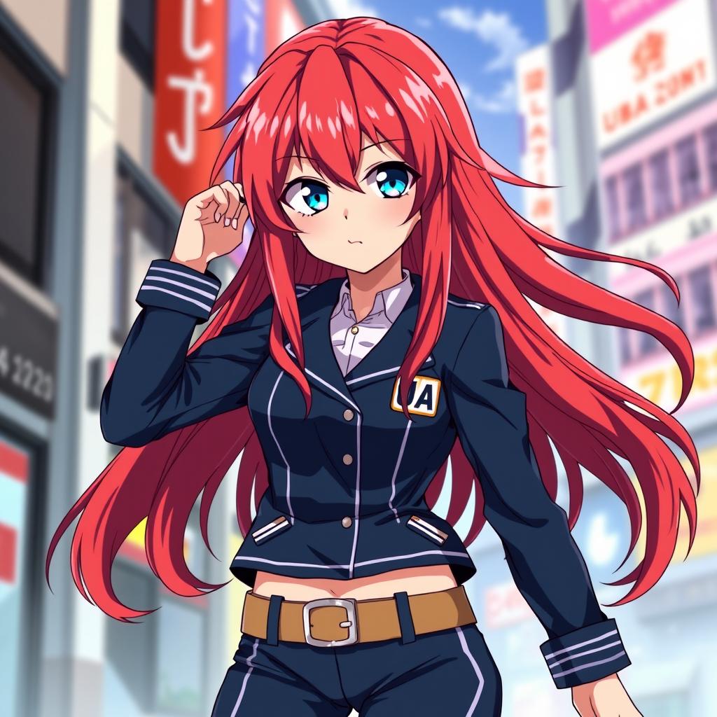 A female character inspired by anime, featuring long, flowing red hair and captivating blue eyes