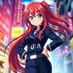 A female character inspired by anime, featuring long, flowing red hair and captivating blue eyes