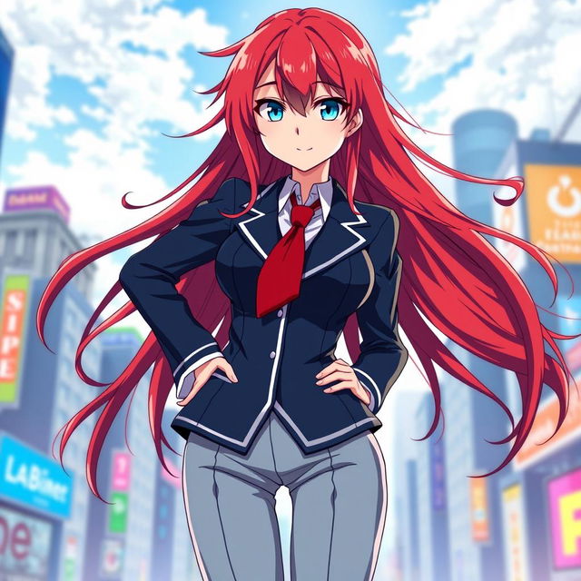 A female character inspired by anime, featuring long, flowing red hair and striking blue eyes