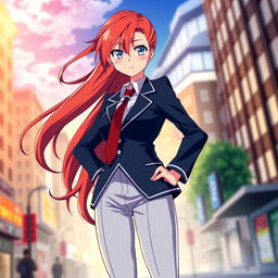 A female character inspired by anime, featuring long, flowing red hair and striking blue eyes