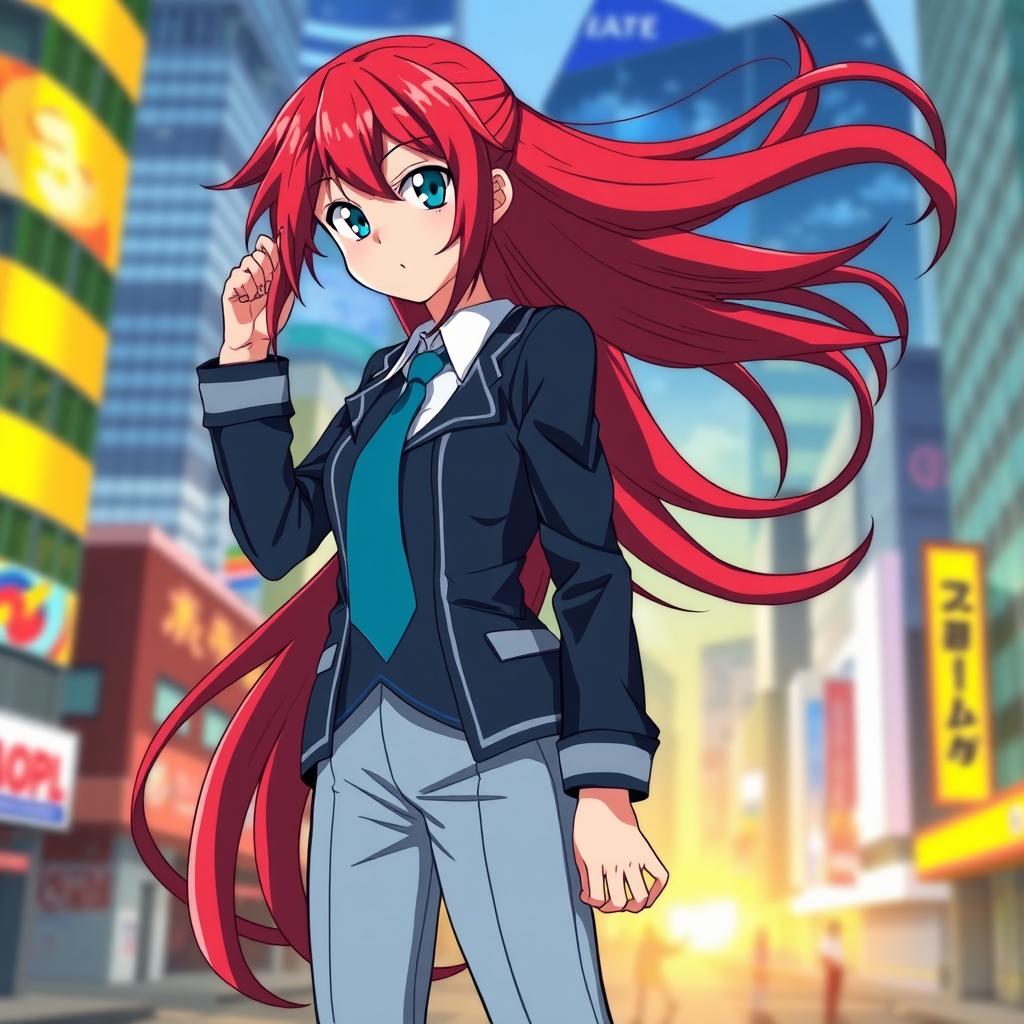 A female character inspired by anime, featuring long, flowing red hair and striking blue eyes