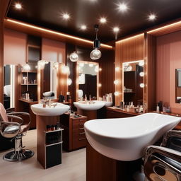 An elegant saloon interior featuring distinct areas for hair cutting, hair washing, manicure and pedicure, facial treatments, and a makeup area. Capturing a stylish and modern design.