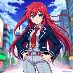 A female character inspired by anime, featuring long, flowing red hair and striking blue eyes