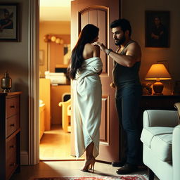 In a captivating 1992 scene, a small, sexy British Bengali woman confidently wrapped in a plush towel that gracefully highlights her legs, stands at her open door