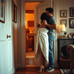 In a captivating 1992 scene, a small, sexy British Bengali woman confidently wrapped in a plush towel that gracefully highlights her legs, stands at her open door