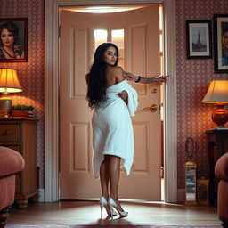 In a captivating 1992 scene, a small, sexy British Bengali woman confidently wrapped in a plush towel that gracefully highlights her legs, stands at her open door