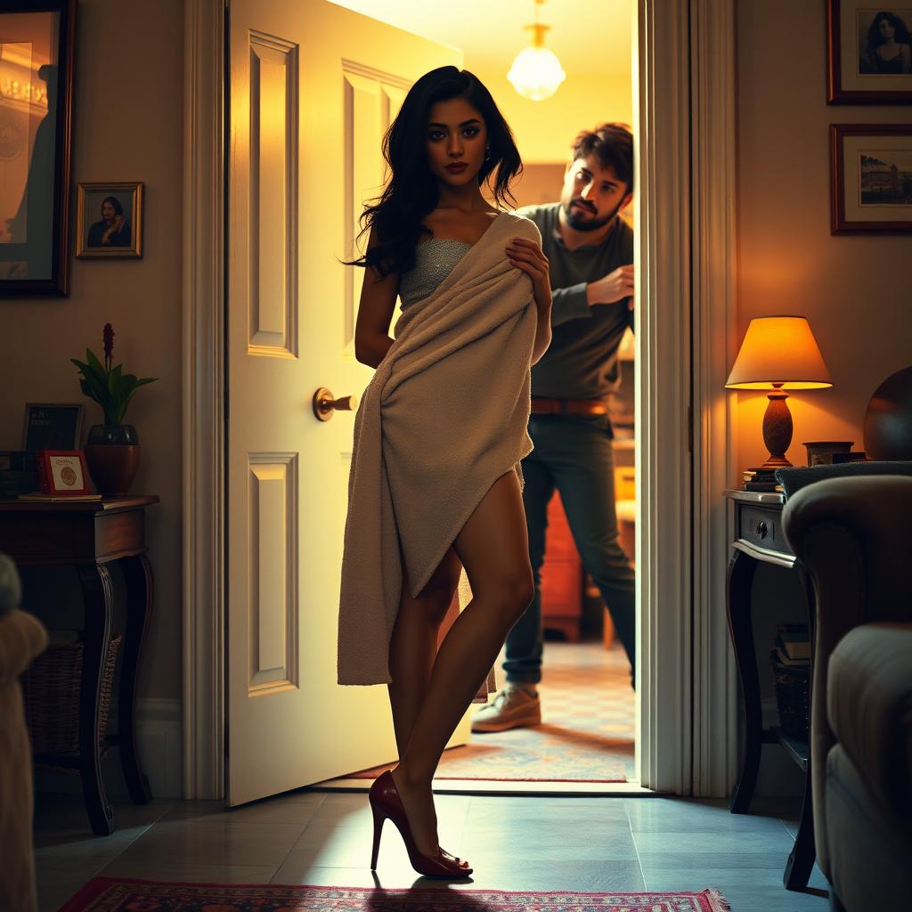 In a captivating 1992 scene, a small, sexy British Bengali woman confidently wrapped in a plush towel that gracefully highlights her legs, stands at her open door