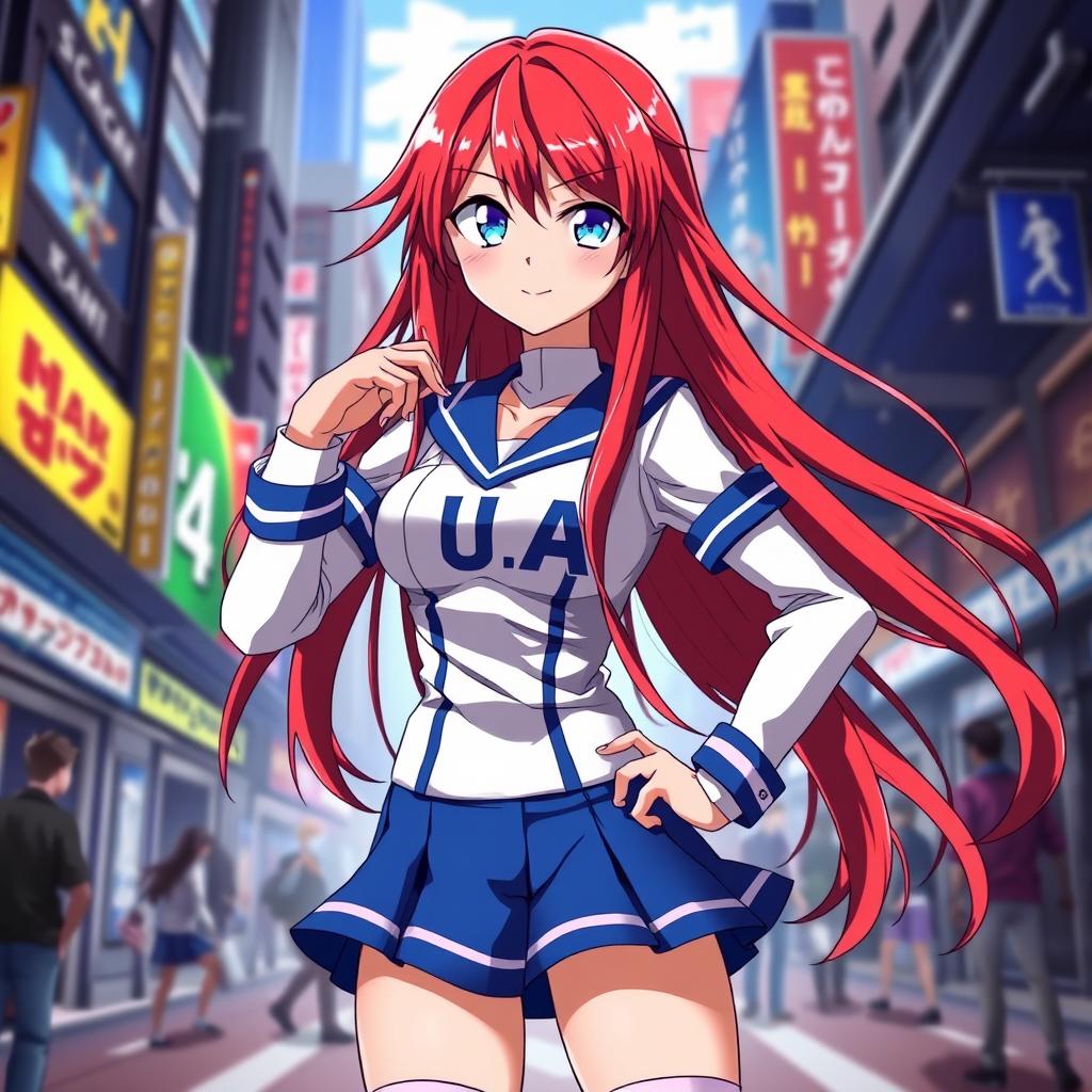 A female anime character inspired by Boku no Hero Academia, featuring long, vibrant red hair and captivating blue eyes