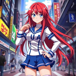 A female anime character inspired by Boku no Hero Academia, featuring long, vibrant red hair and captivating blue eyes