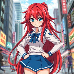 A female anime character inspired by Boku no Hero Academia, featuring long, vibrant red hair and captivating blue eyes