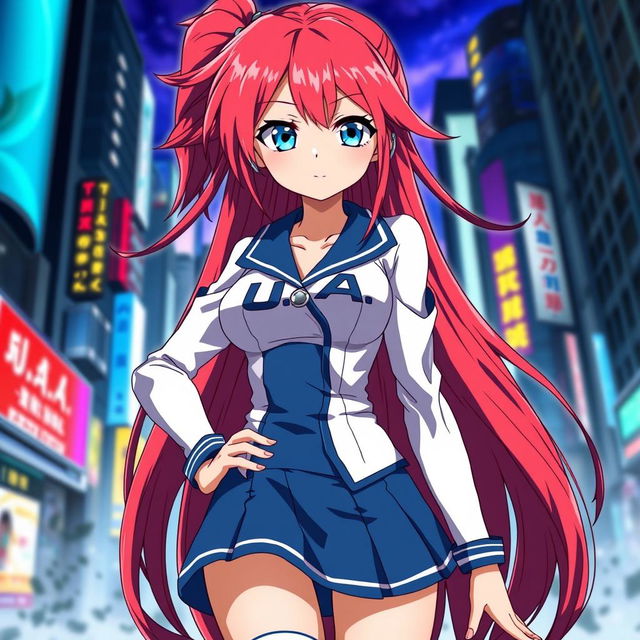 A female anime character inspired by Boku no Hero Academia, featuring long, vibrant red hair and captivating blue eyes